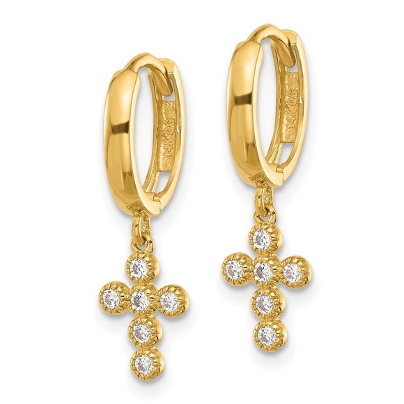 14k Madi K Polished CZ Cross Dangle Huggie Hoop Earrings - Picture 4 of 4